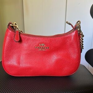 Coach Red Leather Shoulder Bag with Gold Accents